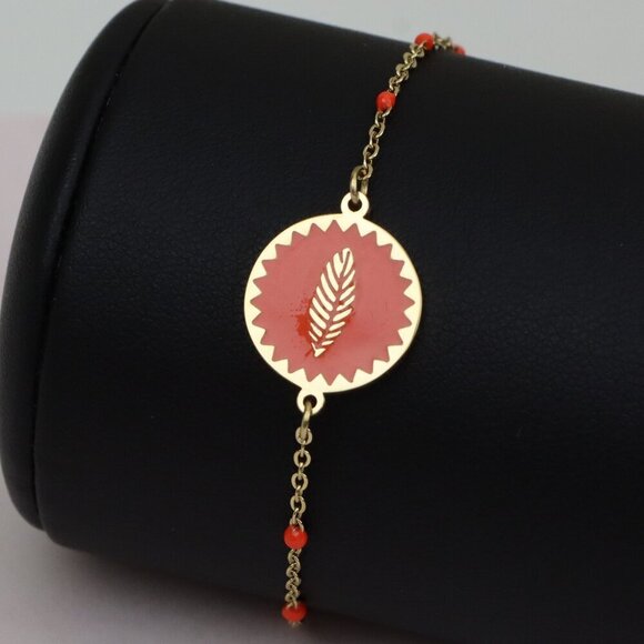 Gold Plated Yellow Bracelet with Orange Leaf Charm, Adjustable Size, XPBL0629 - Picture 1 of 12